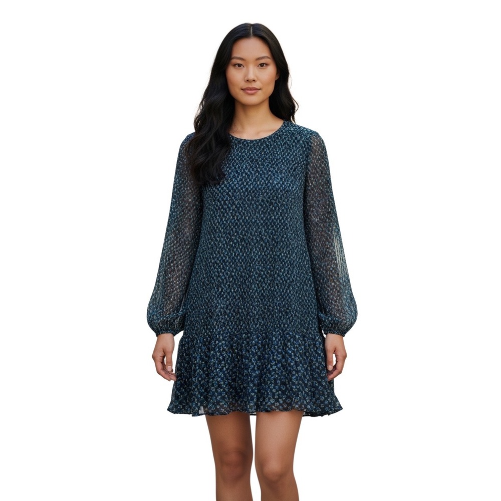 Madewell Pleated Mini Dress Navy Blue Floral Long Sleeve Ruffle Hem Size M